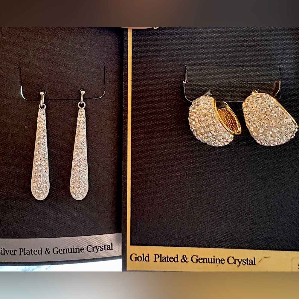 2 Pairs of Earrings, Gold plated and fine silver plated with genuine crystals.